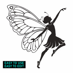 silhouette of a girl with a butterfly on white background