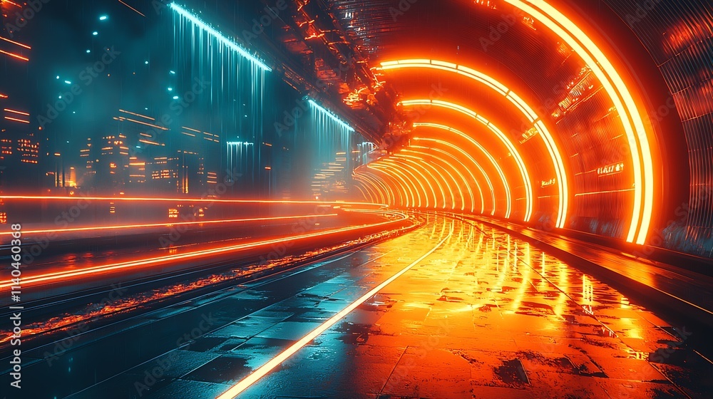 Poster neon lit futuristic tunnel with dynamic light trails and urban ambiance : generative ai