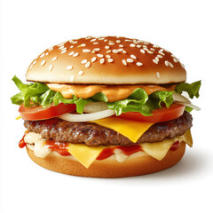 Juicy burger with sesame seed bun, fresh vegetables, and melted cheese served on a simple plate