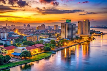 Kinshasa Cityscape, Congo River, Democratic Republic of Congo, African City, Urban Landscape, Sunset, Skyline, Buildings, Architecture, Night View,  Kinshasa Pictures, DRC Travel, Africa Photography
