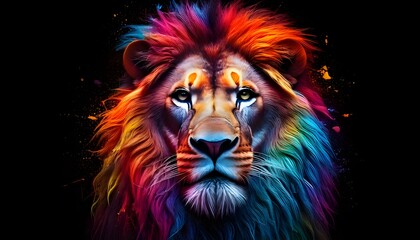 Lion, the head of a lion in a multi-colored flame. Abstract multicolored  portrait of a lion head on a black background.