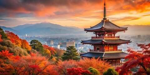 Naklejka premium Kiyomizudera Temple Kyoto Skyline Autumn Photography: High-Resolution Image of Pagoda, Red Maple Trees, and Panoramic City Views