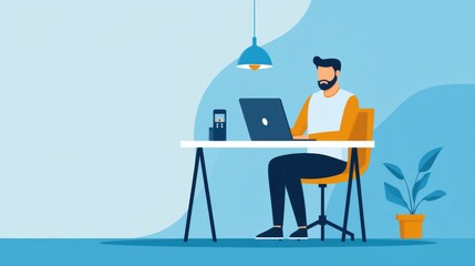 Young man working on laptop at modern desk in bright home office with stylish decor, houseplant, and warm ambiance, illustrating remote work and productivity