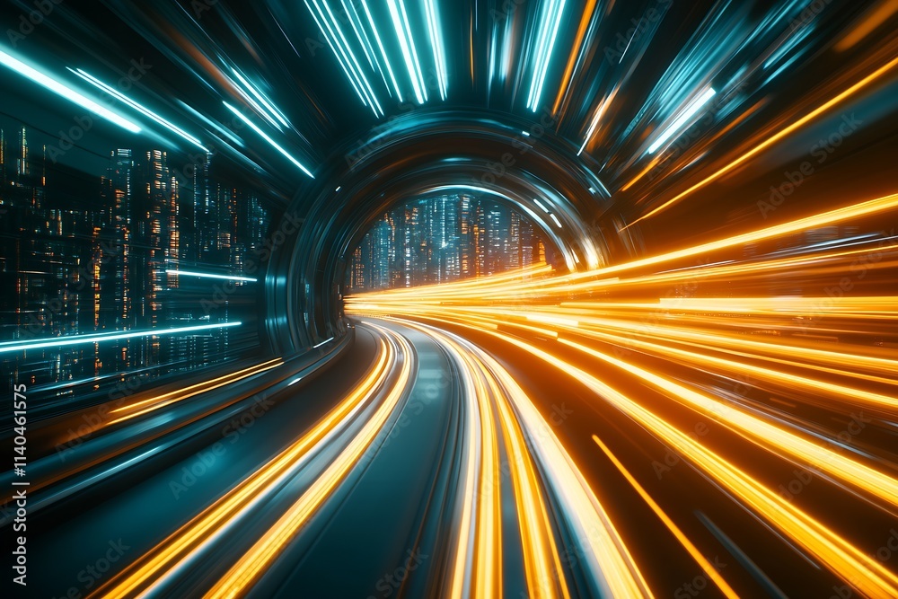 Poster futuristic tunnel with speeding neon lights in a modern sci-fi cityscape : generative ai