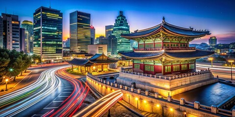 Korean Architecture Long Exposure Photography: Night Cityscapes, Temples, Palaces, Buildings, Urban, Modern, Traditional, Seoul, Busan, Gyeongju, Historic, Ancient,  