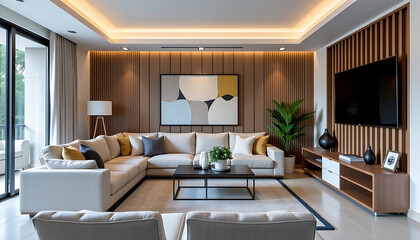 Fototapeta premium Multi-functional living space with a modular sofa and hidden storage. background copyspace