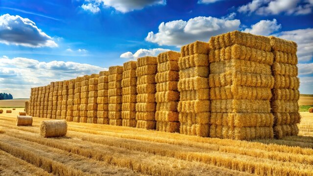 Stock photo of haystacks and hay bales in a field