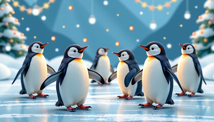 Obraz premium Ice Skating Penguins - A whimsical ice rink with playful penguins. background copyspace
