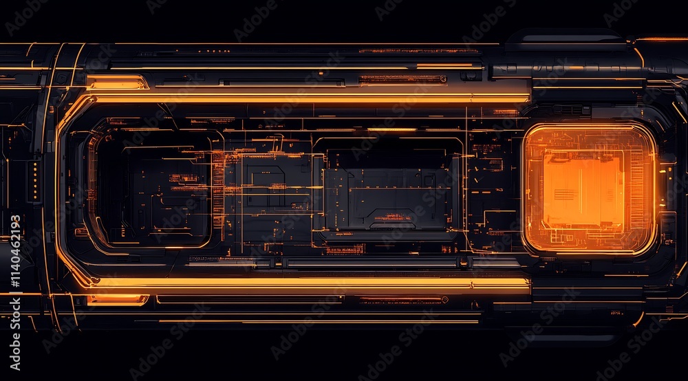 Poster Futuristic Cyberpunk Circuitry Design with Orange and Black Tech Elements : Generative AI