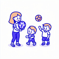 babysitter or mom playing with children with a ball, minimalist vector illustration