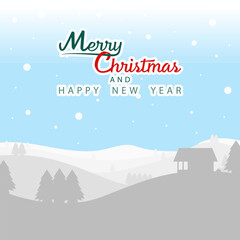A minimalist Christmas design with snowy hills, trees, a house, and falling snow. Features "Merry Christmas and Happy New Year" in red and green on a blue background.