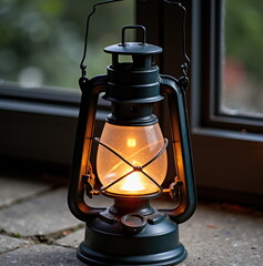 Glowing vintage oil lamp on windowsill