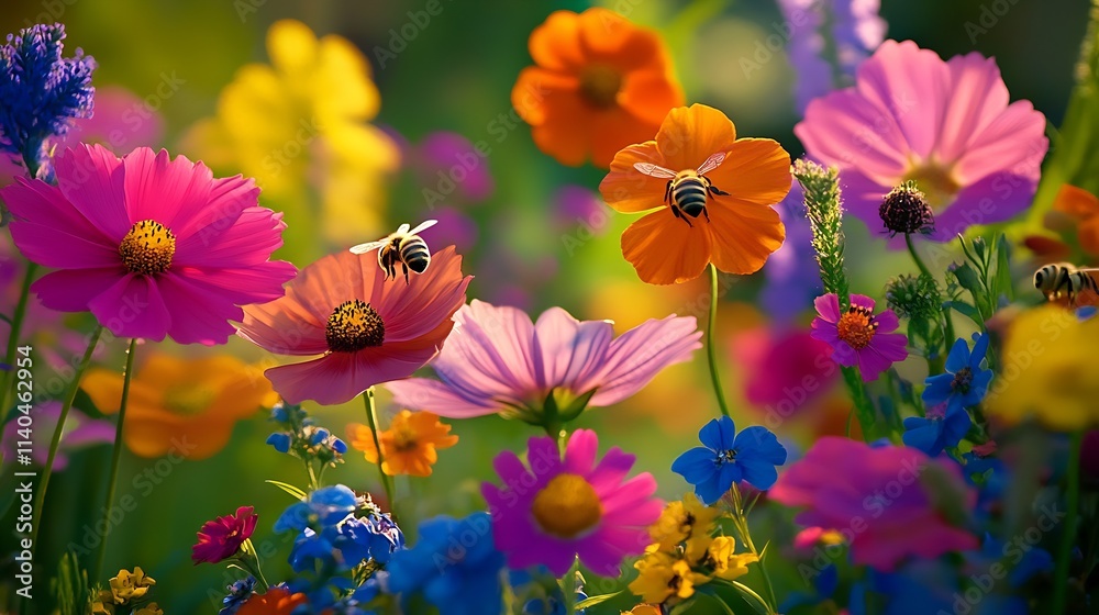 Poster vibrant spring garden with colorful flowers and bees in full bloom capturing the essence of nature :