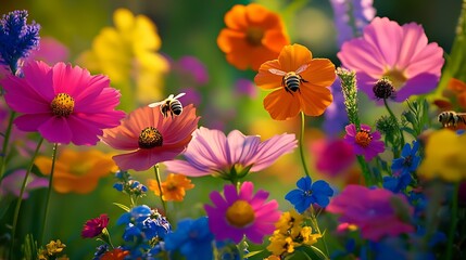 Vibrant Spring Garden with Colorful Flowers and Bees in Full Bloom Capturing the Essence of Nature : Generative AI