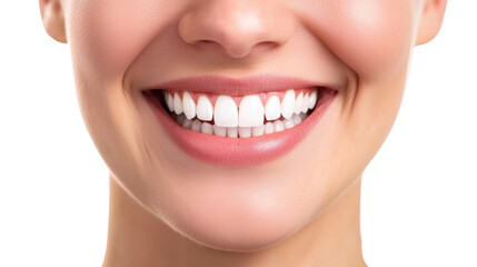 Obraz premium Close-up of smiling woman with healthy teeth, isolated on transparent background