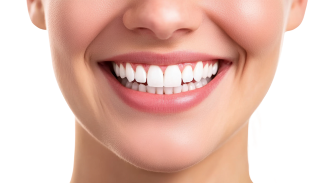 Close-up of smiling woman with healthy teeth, isolated on transparent background