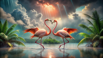 Two flamingos under fireworks reflecting on water