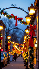 Obraz premium Holiday Street Scene at Twilight - Lamps adorned with ribbons and bows. background copyspace