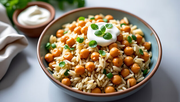 Rice and Chickpea Pilaf - A fragrant pilaf made with basmati rice chickpeas and cumin served with a side of yogurt. background copyspace