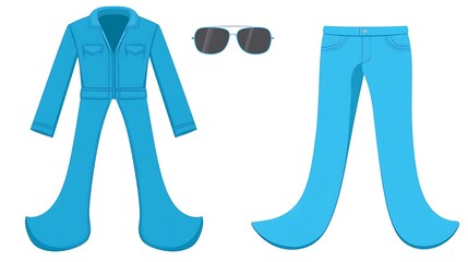 Bell-bottom denim jumpsuit, jeans, and sunglasses.