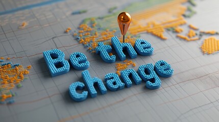 "Be the change" written in impactful 3D letters, placed on a world map with a glowing pin marking a location