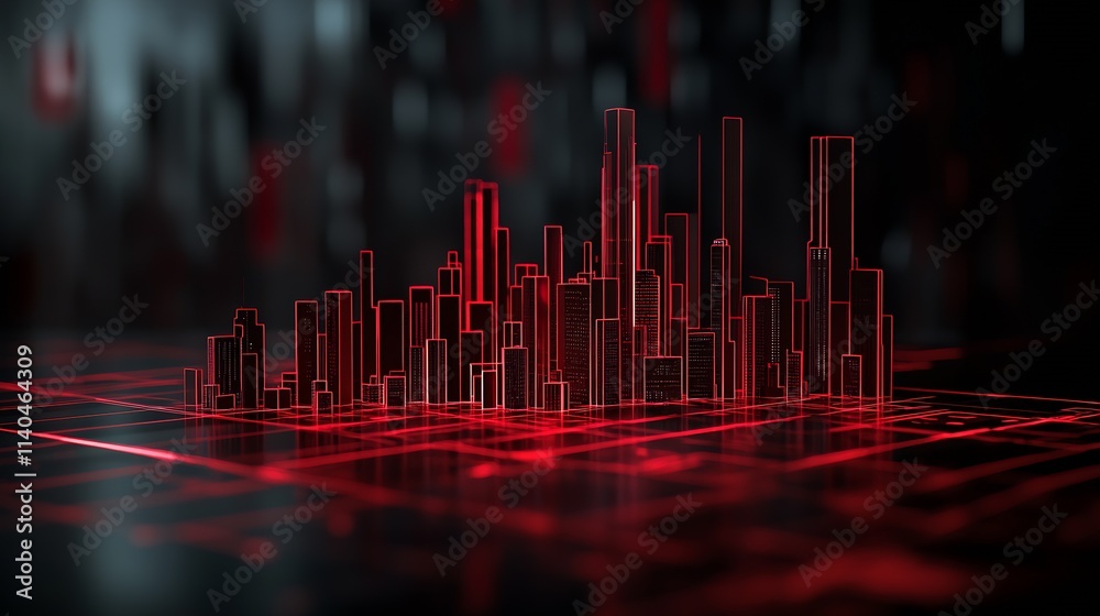 Poster futuristic red and black digital cityscape with grid overlay in neon light : generative ai