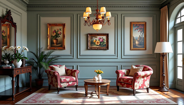 Classic elegance with traditional furniture floral patterns and warm colors. background copyspace