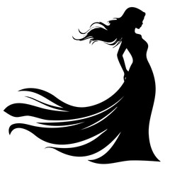 Elegant silhouette of a woman with flowing dress and hair