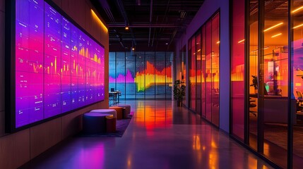 Fototapeta premium An analytics-powered office with colorful data graphs projected across walls, sleek metallic furniture, subtle ambient lighting,