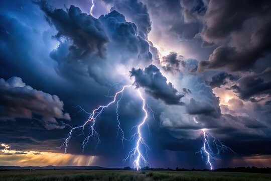 Stormy sky with lightning bolts during thunderstorm