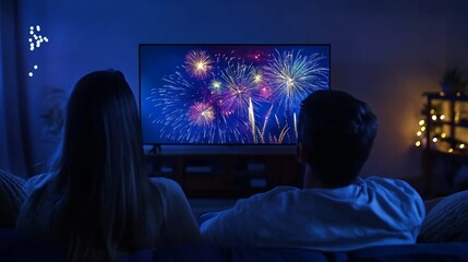 Young Couple Watching Fireworks Display on TV With Festive Lights in Cozy Living Room