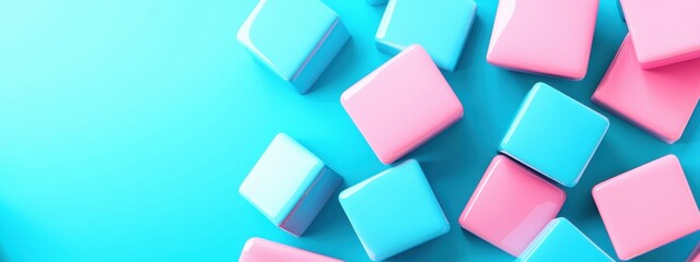 Obraz premium Colorful pink and blue geometric cubes scattered on a bright aqua background creating a visually appealing and modern abstract composition for design projects.