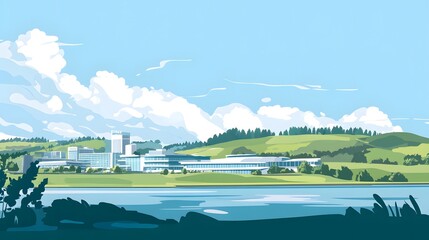 Actual illustration vector city landscape with buildings, trees and green hills on blue background flat design Vector Illustration