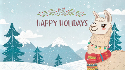 Cartoon llama with festive hat in snowy holiday scene