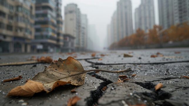 wilted leaf rests on cracked road in deserted urban landscape - Powered by Adobe