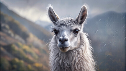 Obraz premium Close-up portrait of llama with mountains in background