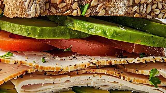 Turkey Avocado Sandwich: A close-up, mouthwatering image of a delicious turkey and avocado sandwich on multigrain bread. Layers of juicy turkey, ripe avocado, and fresh tomato are stacked high.