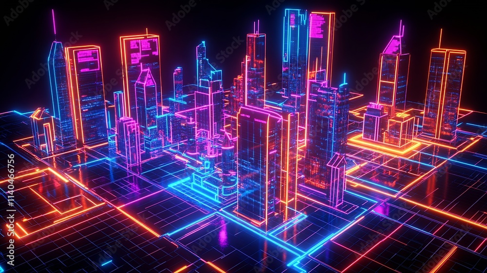 Poster vivid cyberpunk metropolis with neon skyscrapers in dynamic urban scene : generative ai