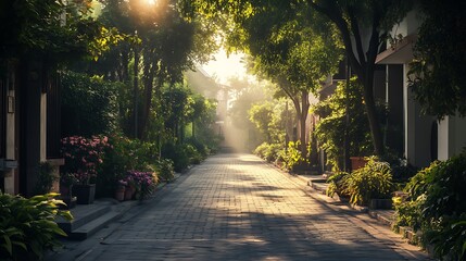 Obraz premium Sunlit Pathway Through Lush Tropical Gardens at Dawn. AI Generated