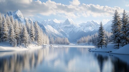 Winter Landscape With Snowy Mountains, Pine Forest, and Clear Blue Sky Creating a Tranquil Scenic View