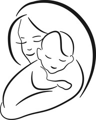 Mother with Newborn Child Line Art Drawing. Happy Family Sketch Linear Drawing. Baby Abstract Minimal Silhouette Vector Illustration. Mother`s Day Trendy Contour Drawing