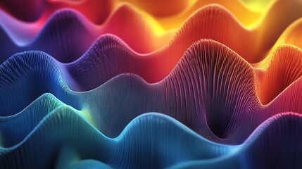 Fototapeta premium Vibrant Rainbow Waveforms: A 3D Rendered Abstract Landscape. AI Generated