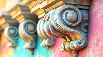 Fototapeta premium Colorful Volumetric Stucco Pieces on a Wooden Surface in Bright Blue, Pink, and Orange Tones Highlighting Creative and Playful Art