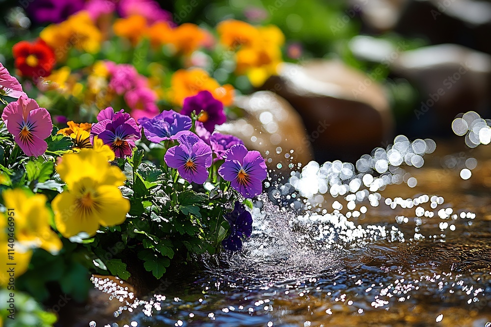 Poster vibrant pansies by flowing water in garden with sunlight creating sparkling reflections : generative