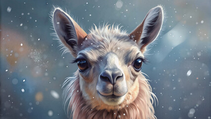 Fototapeta premium Llama standing in snowy setting with soft snowfall