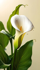 Obraz premium Beautiful Calla Lilies in the morning, bathed in soft sunlight. The elegant white petals and vibrant green leaves create a serene and aesthetic scene. Created With Generative AI.