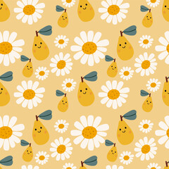 Cutes vector ilustration seamless patern.Great for textile,fabric,wrapping paper,and any print.This charming seamless pattern combines delicate blossoms and ripe pears in a harmonious design