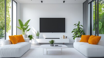 Modern minimalist living room with stylish decor and lush greenery creating a tranquil space : Generative AI