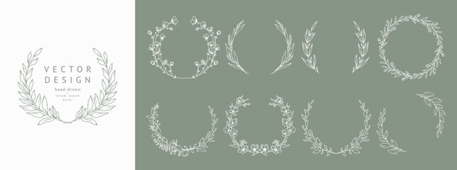 Floral circle Frame Set. Hand drawn elegant botanical border, laurel, wreath with branches, leaves and flowers in line art style. Vector illustration for wedding invitation, save the date, logo