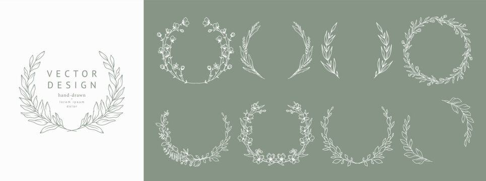 Floral circle Frame Set. Hand drawn elegant botanical border, laurel, wreath with branches, leaves and flowers in line art style. Vector illustration for wedding invitation, save the date, logo
